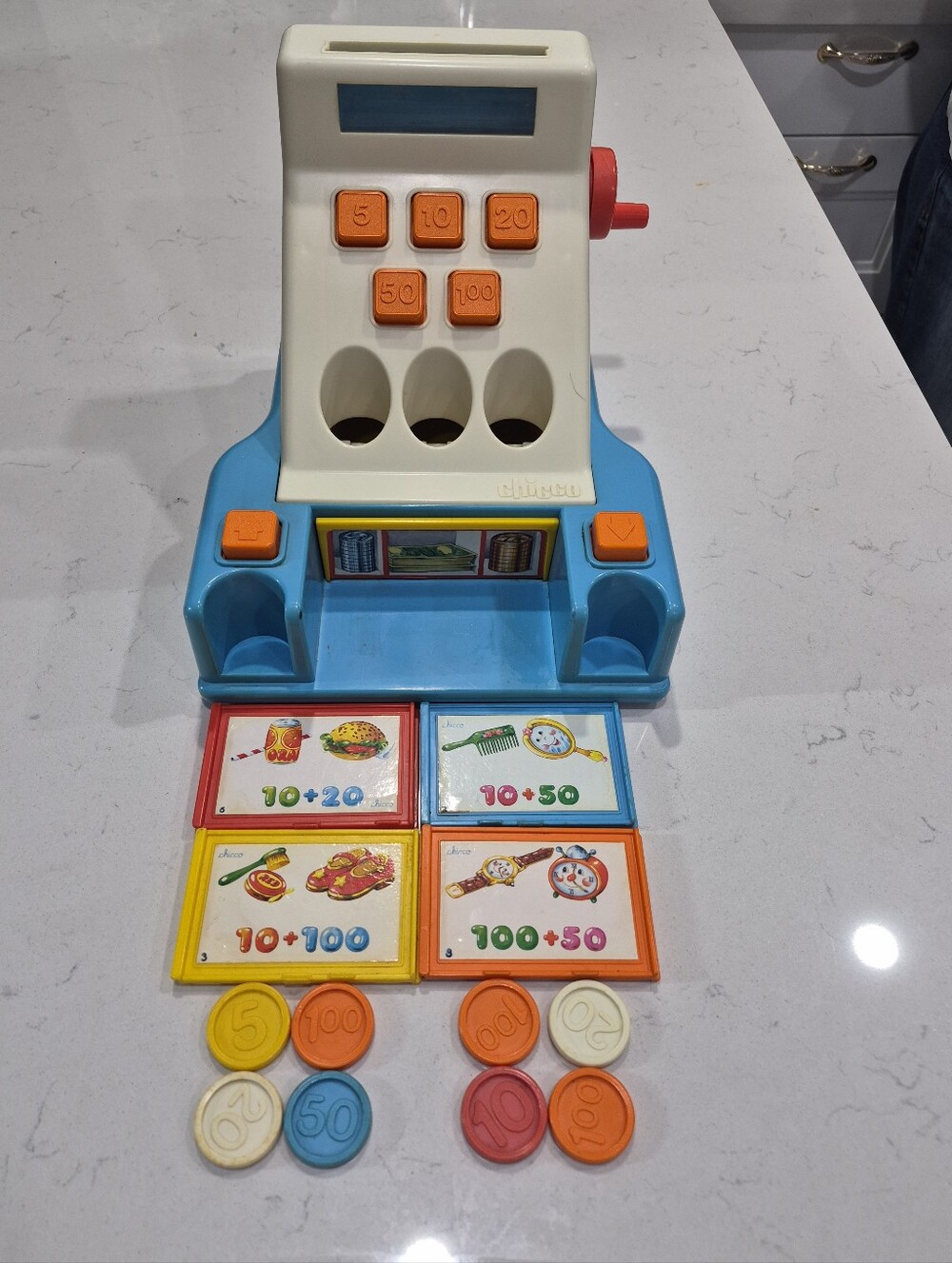 Blue & White Kids Learning Cash Register Toy with Orange Buttons